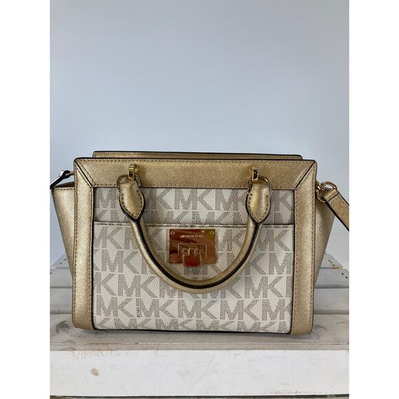 MICHAEL KORS IVORY, GOLD SIGNATURE LEATHER CROSSBODY BAG - Picture 2 of 16